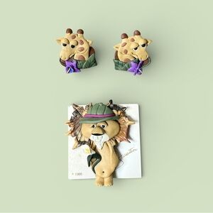 Safari Giraffe Earrings with Lion Brooch Pin Handmade Polymer Clay Art Jewelry